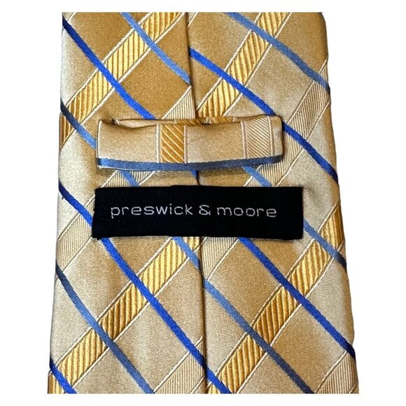 Vintage Wide Silk Tie Preswick and Moore Gold Blue Plaid Classic Retro Necktie - Picture 6 of 9